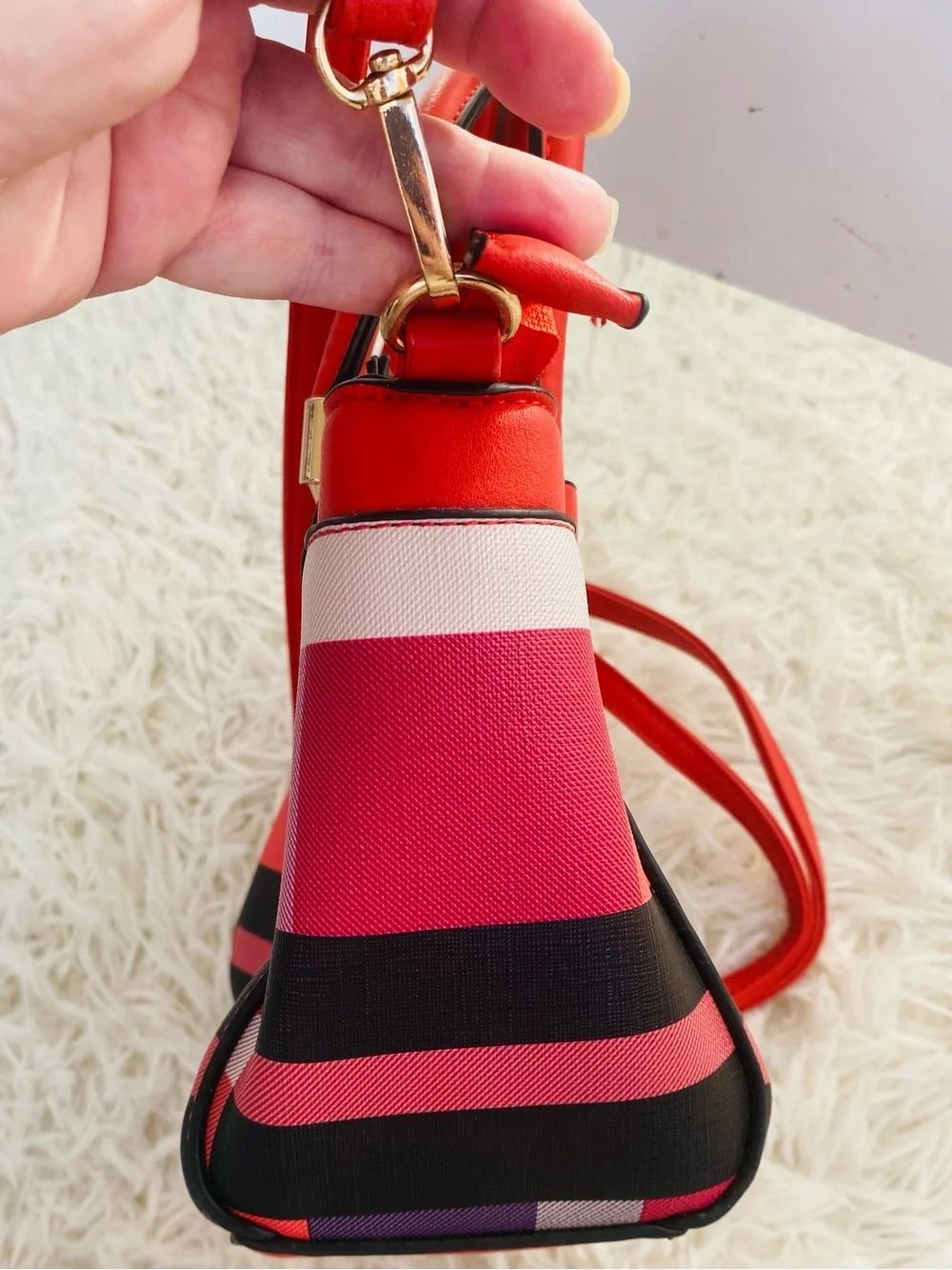 Coral Red Plaid Structured Satchel Crossbody Top Handle Handbag Purse